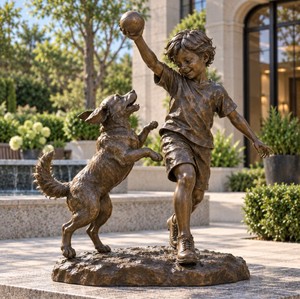 Estatua de Bronce de Tamaño Real de Niños y Perro Jugando en el Jardín, en Oferta - Product Image 3