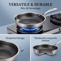 Wajan Penggorengan Anti Lengket FLEY Berbahan Stainless Steel Model Sarang Lebah, Dasar Rata, untuk Kompor Induksi, Gas, dan Listrik dengan Gagang Tahan Panas