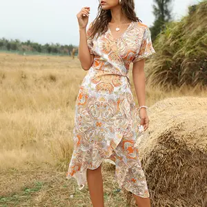Z91766B 2021 Newest Stylish Lady Women V-Neck Waisted Floral Print Summer Short Beach Dress
