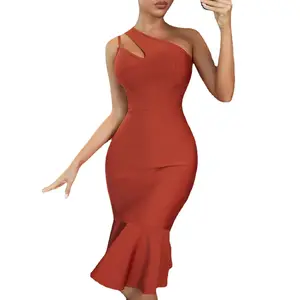 Summer Women Casual Brown Slant Shoulder Strap Fishtail Tight Bandage Dress Solid Slim Sexy Sleeveless Hollow Evening Dresses