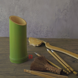 Jarrón de bambú con boca inclinada, redondo, verde, decorativo, estilo chino, adorno Zen para flores, soporte para abanico, origen Anji - Product Image 3