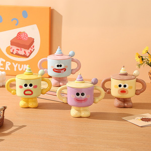 Cute Two Handled <b>Ceramic</b> <b>Mugs</b> Cartoon Coffee Cup with Lid and Spoon - Product Image 5