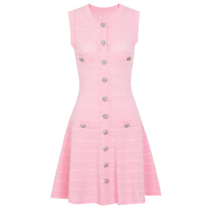 Abito Mini in Maglia Monopetto Crystal da Donna, Elegante per l'Ufficio, con Scollo a O, Senza Maniche, Vestibilità Slim, <span class=keywords><strong>Linea</strong></span> ad A, Rosa - Product Image 2