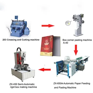 4 machines form a semi automatic gift box making machine production line Creasing and Cutting, Corner Pasting, Box forming