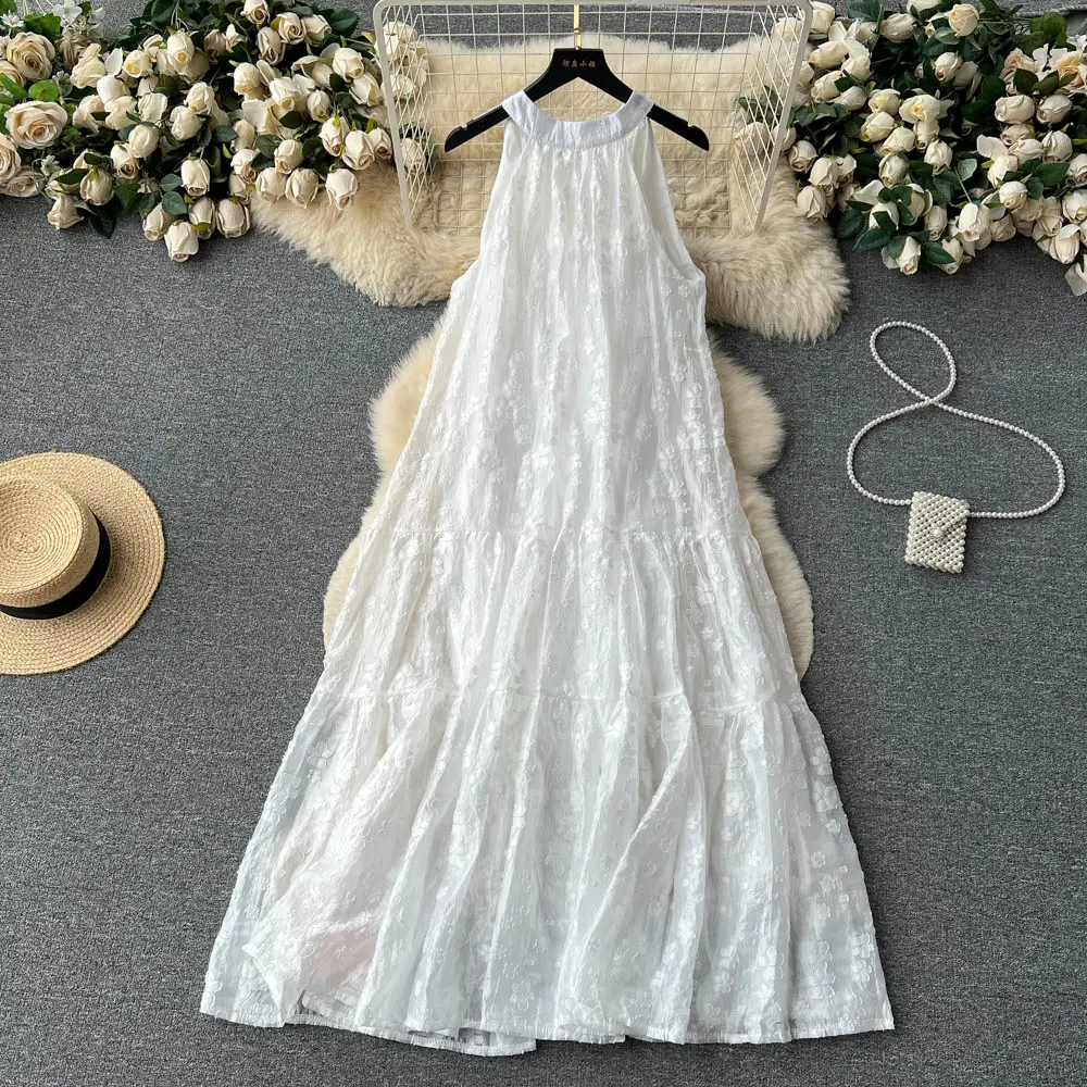 도매 2023 여름 프랑스 빈티지 새로운 민소매 교수형 목 고급 섹시 오프 어깨 여자의 드레스