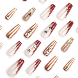 24 <span class=keywords><strong>faux</strong></span> <span class=keywords><strong>ongles</strong></span> longs à presser en acrylique, motif feuille <span class=keywords><strong>d</strong></span>'érable, style français, dorés à paillettes, design de luxe - Product Image 5