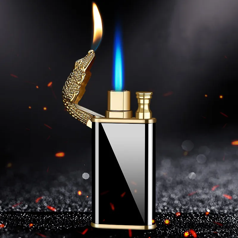 Blue Flame Crocodile Dragon Double Hole Lighter Creative Windproof Conversion Open Fire Gas Lighter regalo da uomo