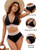 Blooming Jelly Ensemble de bikini taille haute pour femme avec blocs de couleur et contrôle du ventre |   Soutien-gorge amincissant et modeste à col en V, effet push-up complet