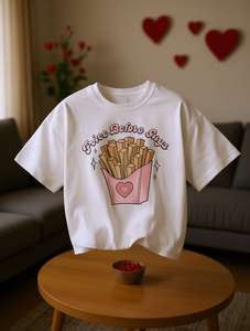 T-shirt grafica da donna con stampa 'Fries Before Guys', girocollo, manica corta, vestibilità casual e ampia, 100% cotone jersey. - Product Image 2