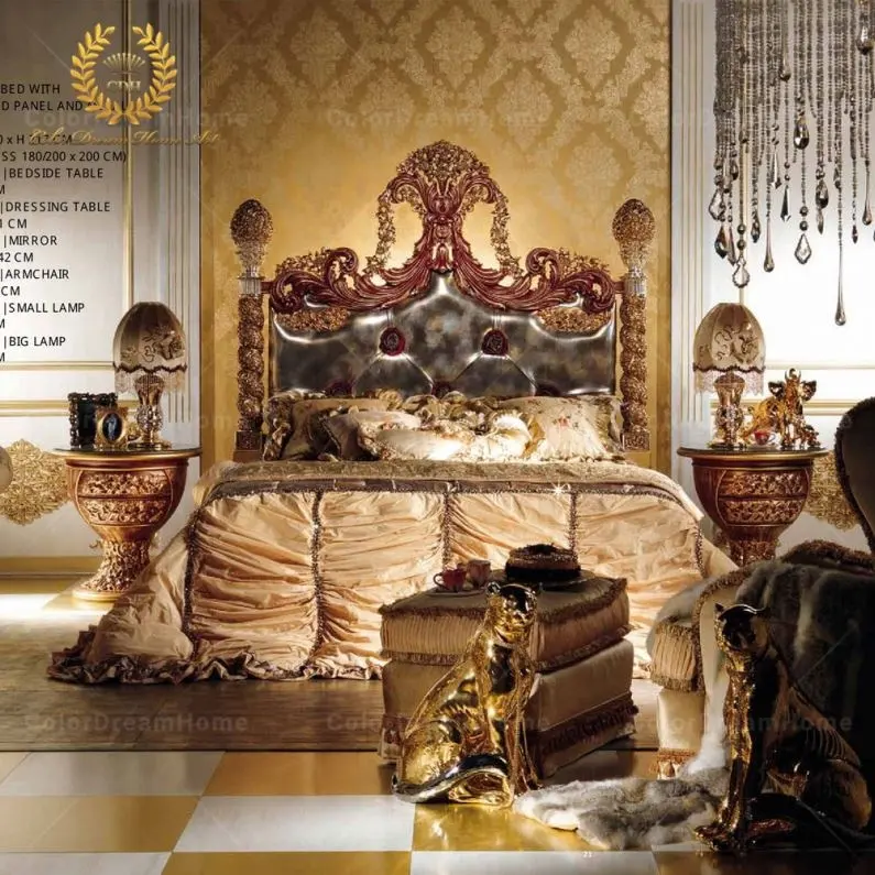 Luxury Royal european Bedroom set stile rococò queen furniture camera da letto letti matrimoniali in pelle in legno