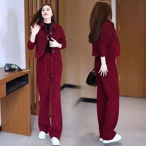 Ensemble deux pièces pour <span class=keywords><strong>femme</strong></span> en molleton gaufré, veste boutonnée et pantalon à cordon de serrage, tenue décontractée et chaude pour l'hiver - Product Image 6