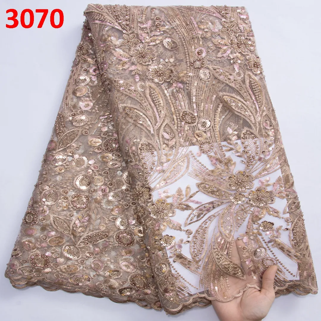 3070 Onion Color Beaded Embroidery Bridal Laces Fabrics Wholesale Price African French Lace Fabric With Stones For Party
