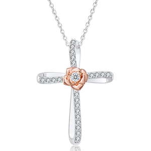Collier religieux chrétien de Pâques en <span class=keywords><strong>argent</strong></span> 925 avec pendentif fleur rose et croix de luxe en moissanite VVS certifiée GRA pour femme - Product Image 1