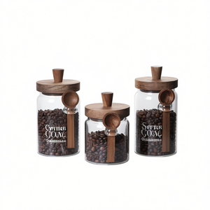 Cutter Goal <b>Glass</b> Storage <b>Jars</b> With Wooden Lids And Spoons Air Tight Cylindrical Design For Coffee Tea Snacks 3pcs Set - Product Image 1