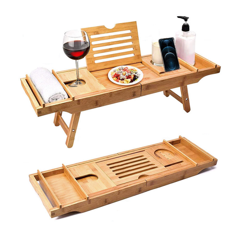 Аксессуары для ванной комнаты, подставка для ванны bambu, натуральная Роскошная Выдвижная ванна, деревянный бамбуковый поднос для ванны с ножками