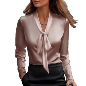 Nouvelle chemise élégante pour femmes, couleur unie, à nouer devant, manches longues, tendance - Product Image 5