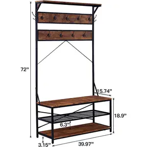 3-In-1 Entree Kapstok Met Opbergbank En Kapstokrekken Opbergrek Organizer, Houten Look Accentmeubilair
