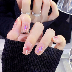 Uñas Postizas Minimalistas Rosadas de ABS, Forma Cuadrada, con Diseño de Corazón y Fragmentos de Vidrio, Estilo Ins, Arte de Uñas - Product Image 2