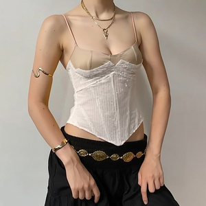 Haut Cami Femme Personnalisé en Dentelle Tissée, Maille et Paillettes, Style Bustier-Corset, avec Rubans Courts et Bretelles à Nouer au Dos, pour Tenue de Soirée d'Été, OEM - Product Image 1