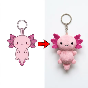 Llavero de peluche personalizado de axolote rosa con diseño de branquias externas con volantes, producido a medida a partir de un boceto de caricatura acuática del cliente - Product Image 1