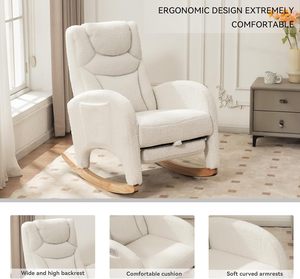 Rocking Chair Nursery, Modern Glider Chair with <strong>Adjustable</strong> <strong>Footrest</strong> and Solid Wood Legs, Teddy Ivory - Product Image 6
