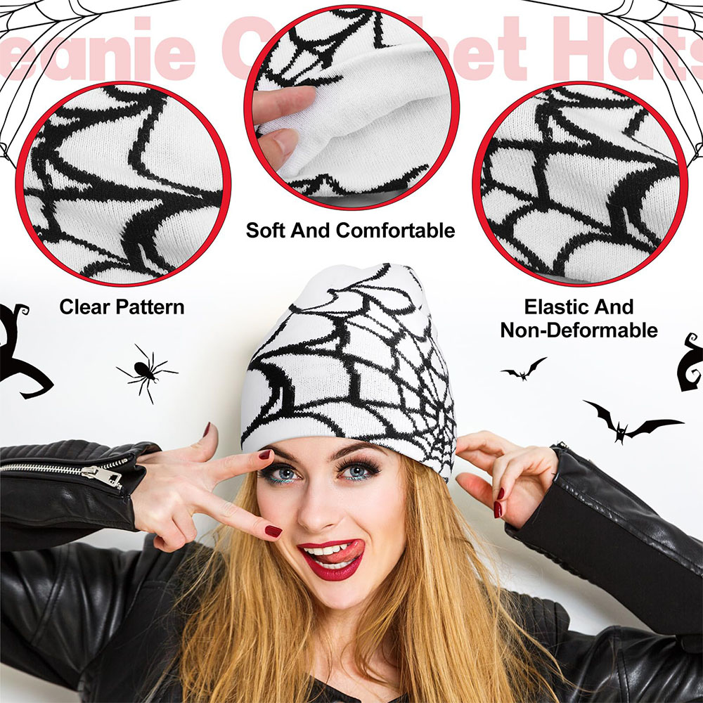 Y2K Beanies with Spider Web Pattern - Gothic Acrylic Hats