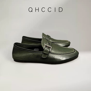 Qhccid Green Leather Loafers With Metal Buckles <b>Slip</b> <b>On</b> Soft Sole Low Heel Men's Shoes - Product Image 4