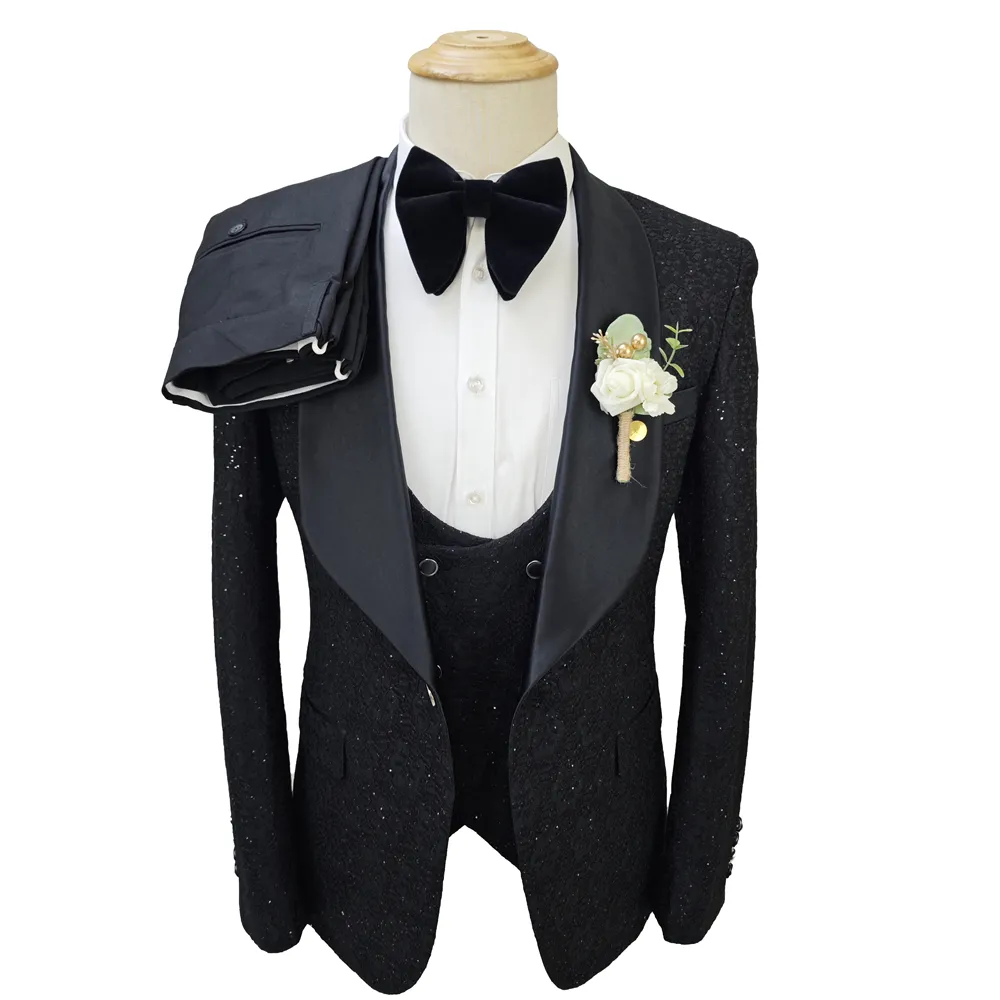 Réel 100% noir brillant Slim Fit un bouton garçons d'honneur réunion affaires 3 pièces marié costumes de mariage pour hommes MSLS