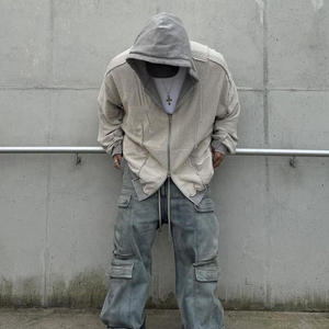 Sweat à capuche zippé pour homme en coton épais, avec logo brodé personnalisé, effet vieilli, coupe oversize et surpiqûres contrastées externes - Product Image 5
