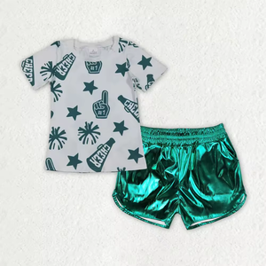 T-shirt a maniche corte con stampa Cheer per bambine e pantaloncini in pelle lucida, 2 pezzi, abiti estivi - Product Image 6