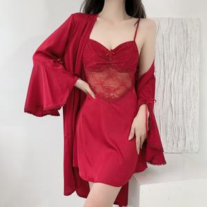 Pyjamas femmes <span class=keywords><strong>Satin</strong></span> mousseline de soie printemps nouveau jarretelle chemise de nuit deux pièces ensemble Sexy maison dentelle bord maison vêtements - Product Image 3