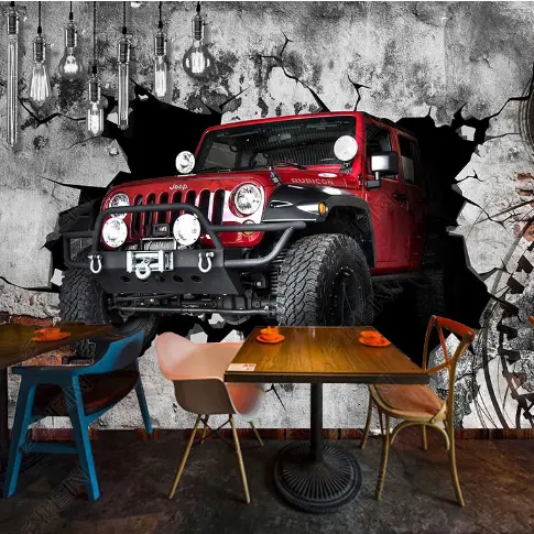 Hot selling Retro 3D brick wall, the car breaks through the wall and produces the tooling background wall