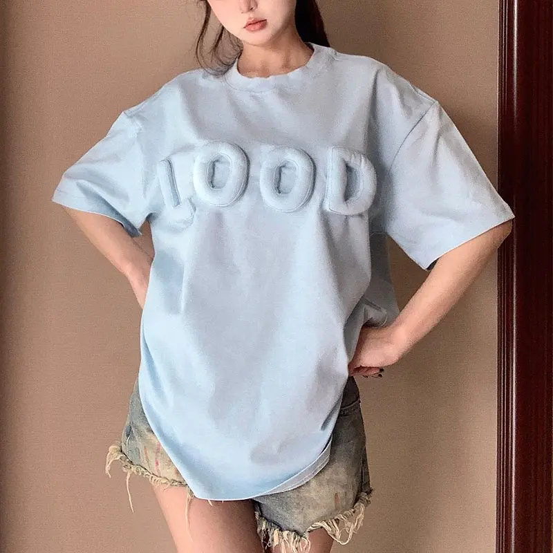 Custom oversized heavyweight tshirt for women 300 gsm tshirt woman t-shirts 3D emboss t shirts with logo