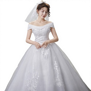 S0292X New Bride Tail Petite One Shoulder French Style Simple Main Yarn Temperament Dream Wedding Dress - Product Image 3