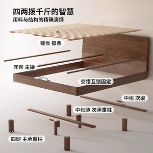 Solid Wood Bed Modern Minimalist Black Walnut Floating Platform Bed Home Use <b>Large</b> Size Assemblable Framework Structure - Product Image 1