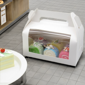 White Paperboard Recyclable Rigid <b>Bakery</b> <b>Boxes</b> with Handle and Display Window for Cupcake Candy Cookie Pastry Dessert Treats - Product Image 1