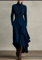 Robe longue plissée unie à manches longues et col montant, tenue de soirée islamique décontractée pour femmes musulmanes