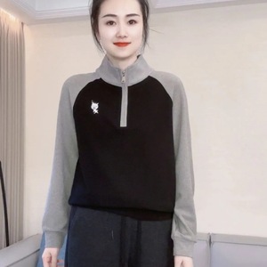 Women's Stand Collar Fleece Sweatshirt Gray Black Mustard Yellow Geometric Pattern Polyester Slim Fit Autumn Winter Top - Product Image 2