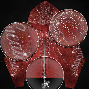 Designer Haute Qualité Logo Personnalisé Double Fermeture Éclair Perle Cristal Diamant Effet Délavé Fermeture Éclair Surdimensionnée Imprimé Strass Automne 100% Coton - Product Image 3