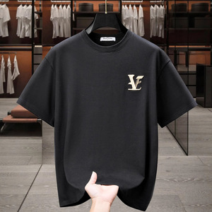 Camiseta de manga corta holgada con estampado personalizado, informal y a la moda, 100% algodón, estilo L V, para hombre. - Product Image 3
