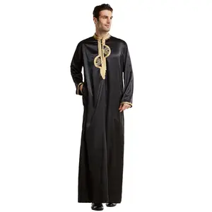 Grosir kustom pria Arab lengan panjang abaya bordir Thobe Islami Kaftan pakaian kerah berdiri jubah Jubba gamis