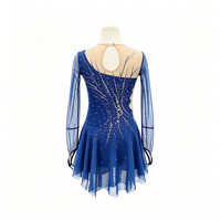 Robe de patinage bleu roi à col rond, manches longues en maille, dos découpé avec strass pour enfants et adultes, compétition et performance