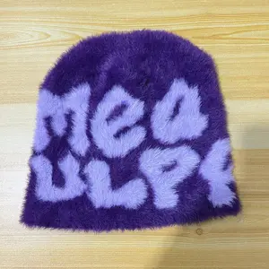 Custom Fuzzy Logo Y2K Beanies Knit Winter Hats Premium Cashmere Wool Jacquard Mohair Beanie