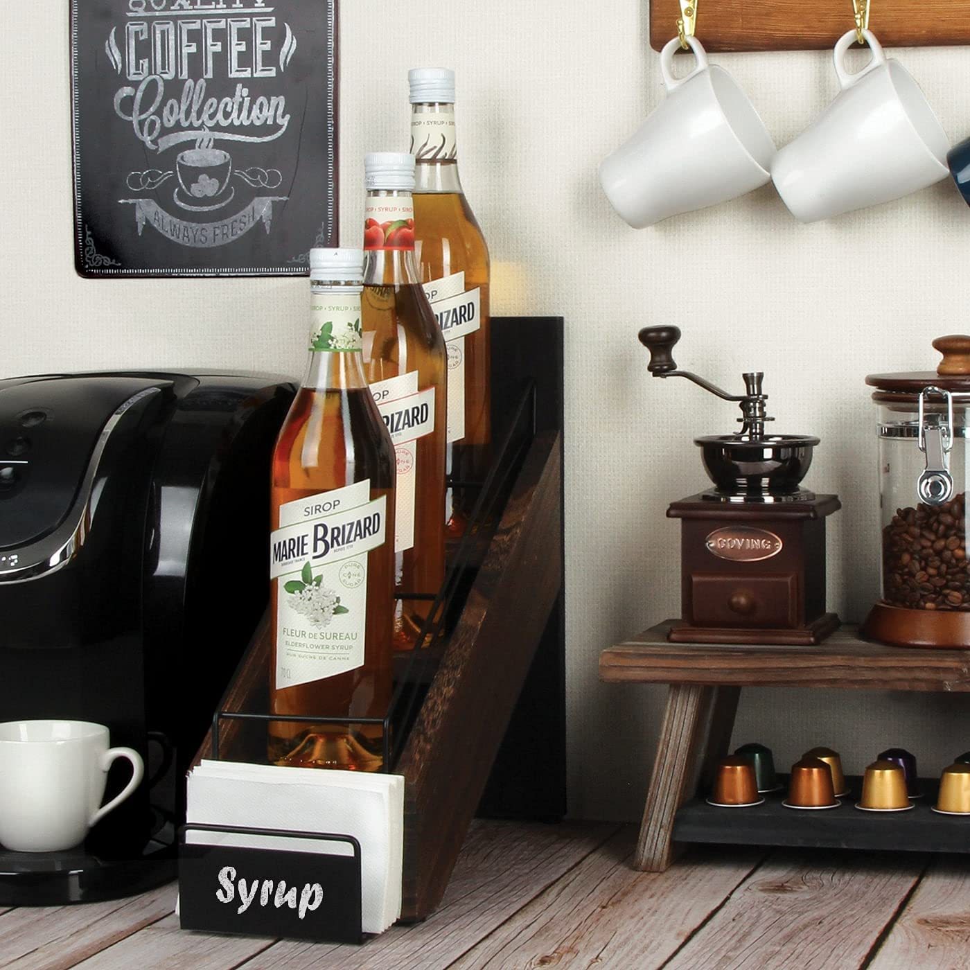 Hot Selling Kitchenware Wood Syrup Bottle Holder Shelf Organizer Rack for Wine Bottles, Dressings, Juice and Napkins — view 3