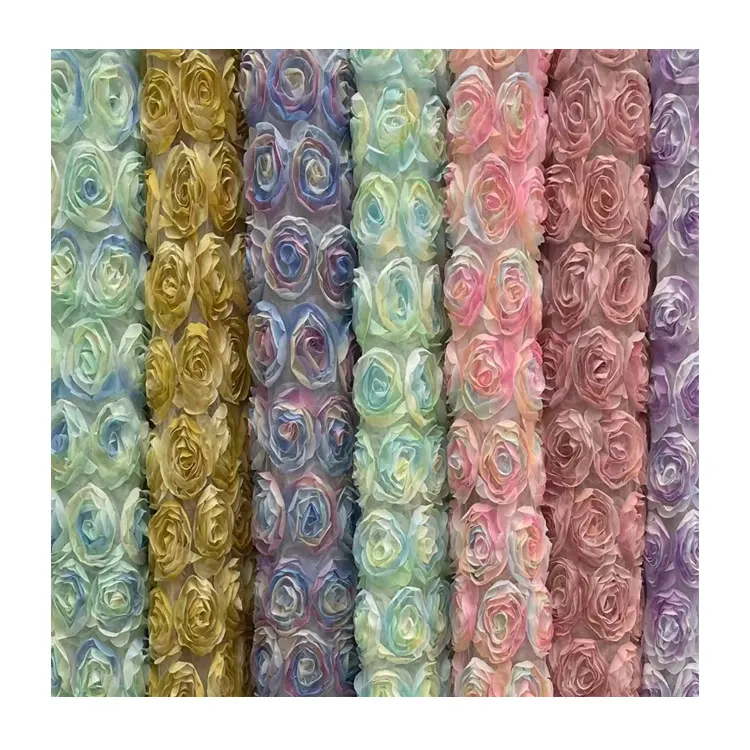 YBL320 3D tessuto di lino in pizzo di stoffa personalizzato con fiore di rosa ricamato tridimensionale