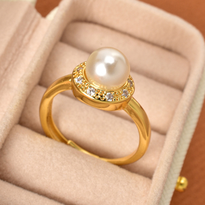 แหวนมาใหม่ ชุบทอง 18K สแตนเลสประดับมุกและเพชรซิร์คอน ดีไซน์เปิด ปรับขนาดได้ สำหรับผู้หญิง - Product Image 2