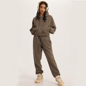 New Arrival Winter Autumn Cropped Breathable Lined Hoodie Sweatshirt Jogger Sets Women Long Sleeve Workout Crop Top Hoodie - Product Image 3