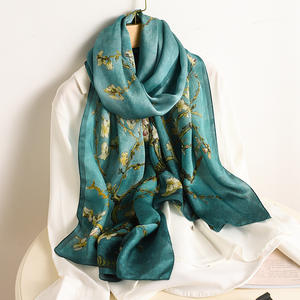 Foulard en satin de soie à fleurs d'abricot inspiré de Van Gogh, châle long à double usage avec imprimé de style sergé d'été pour le printemps et l'automne - Product Image 3