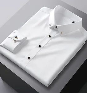 OEM/ODM Men's Shirts Stand Collar Long Sleeves 100% Cotton Solid Color White Dress Shirts for Men