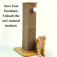 Griffoir vertical en carton ondulé pour chat avec jouet interactif pompon et base stable en panneau de densité – Tour griffoir pour chat